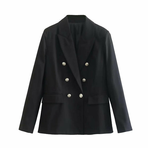 Women's Double Breasted Padded Office Black Basic Blazer