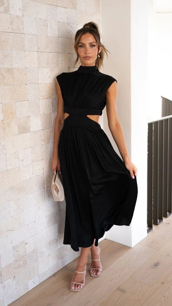 Grace Stand Collar Waist Cut-Out Dress