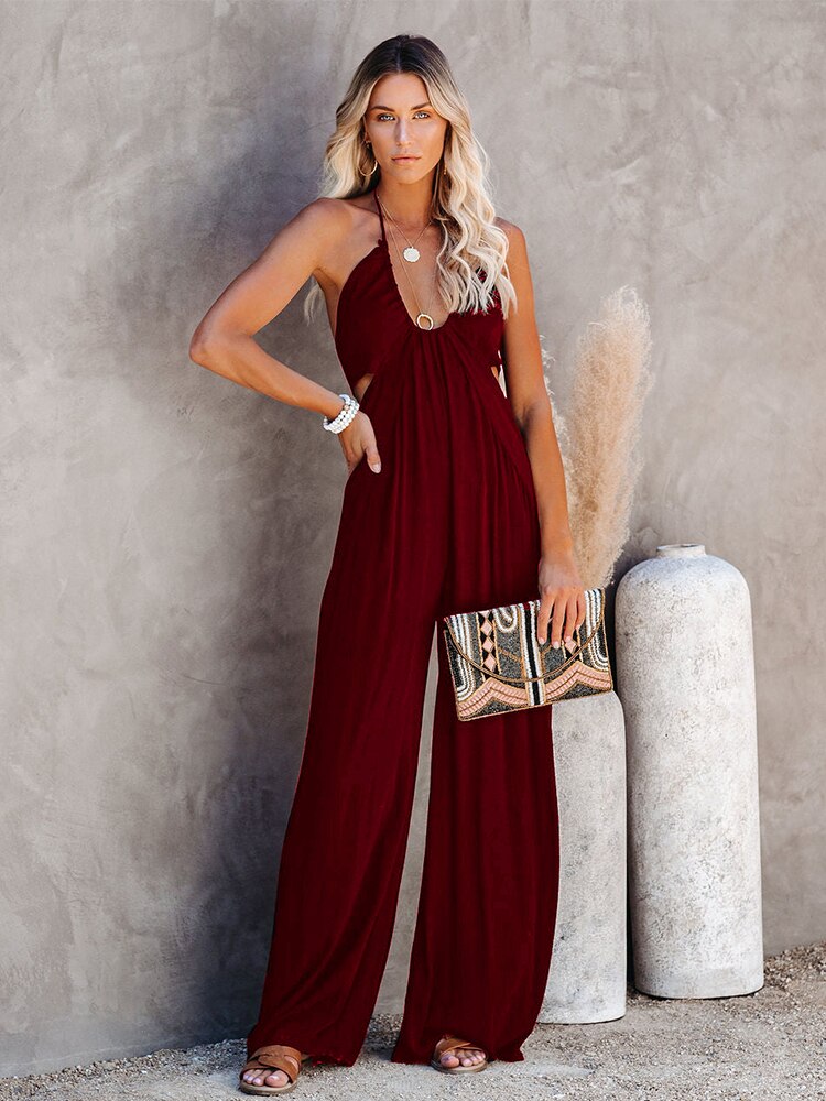 Breezy Tie-Back Halter Wide-Leg Jumpsuit