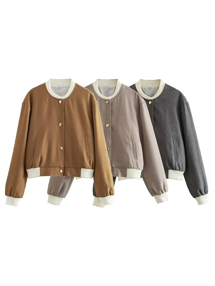 Women's Bomber Jacket Camel Single Breasted Short Coat