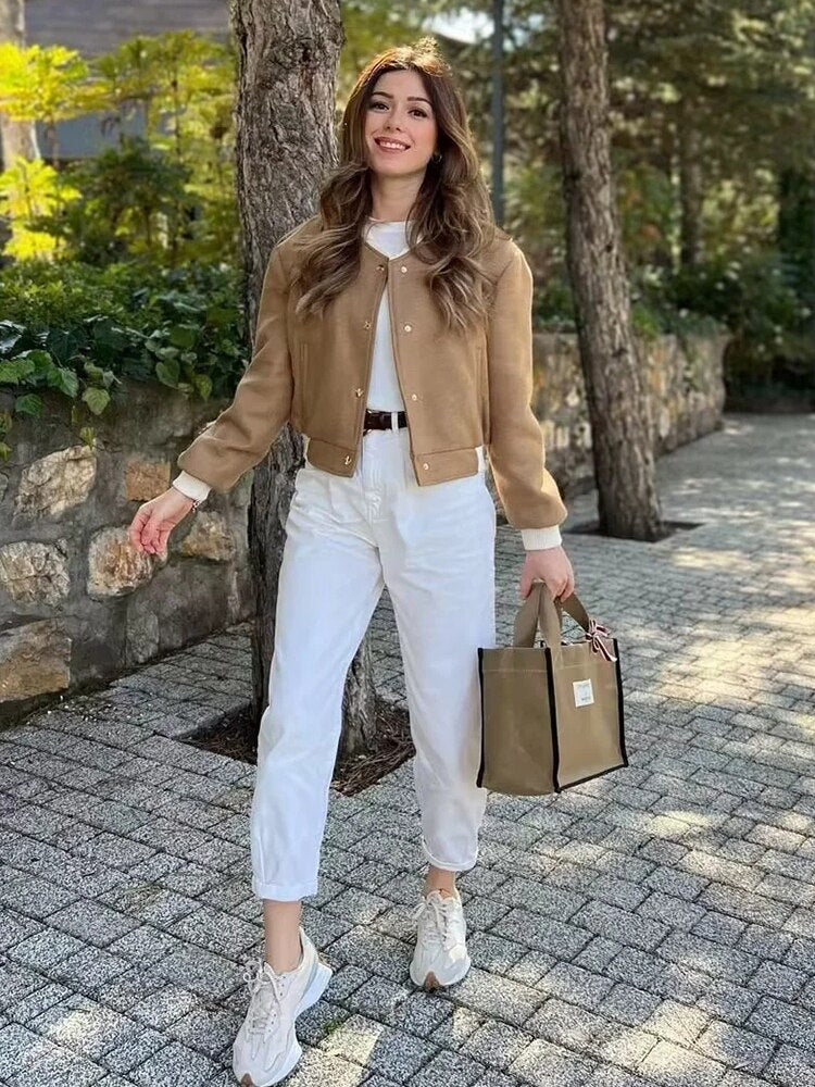 Women's Bomber Jacket Camel Single Breasted Short Coat