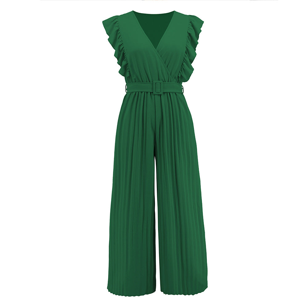 High Waist Ruffle Sleeveless V-neck Pleated Wide Leg Jumpsuit