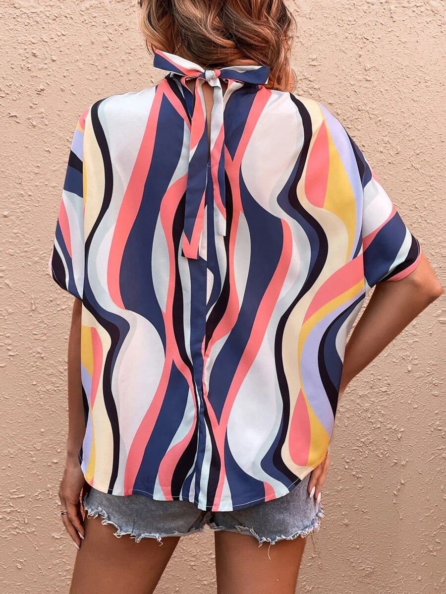 Casual Solid or Printed Color Split Batwing Sleeve Top
