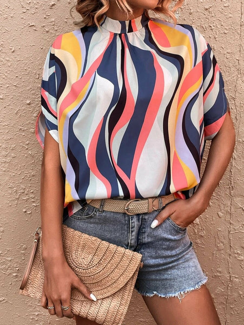 Casual Solid or Printed Color Split Batwing Sleeve Top