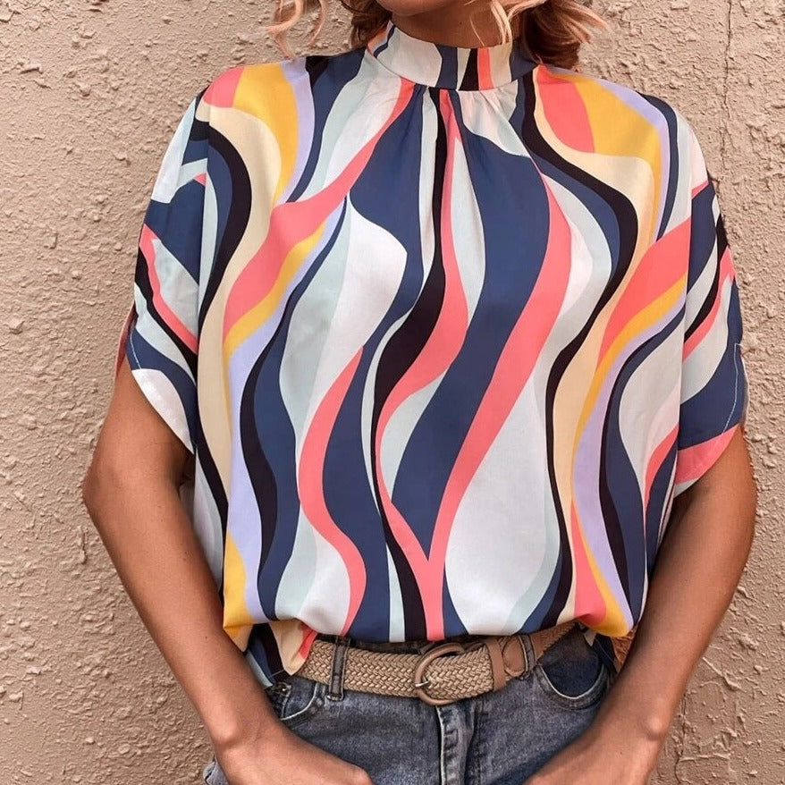 Casual Solid or Printed Color Split Batwing Sleeve Top