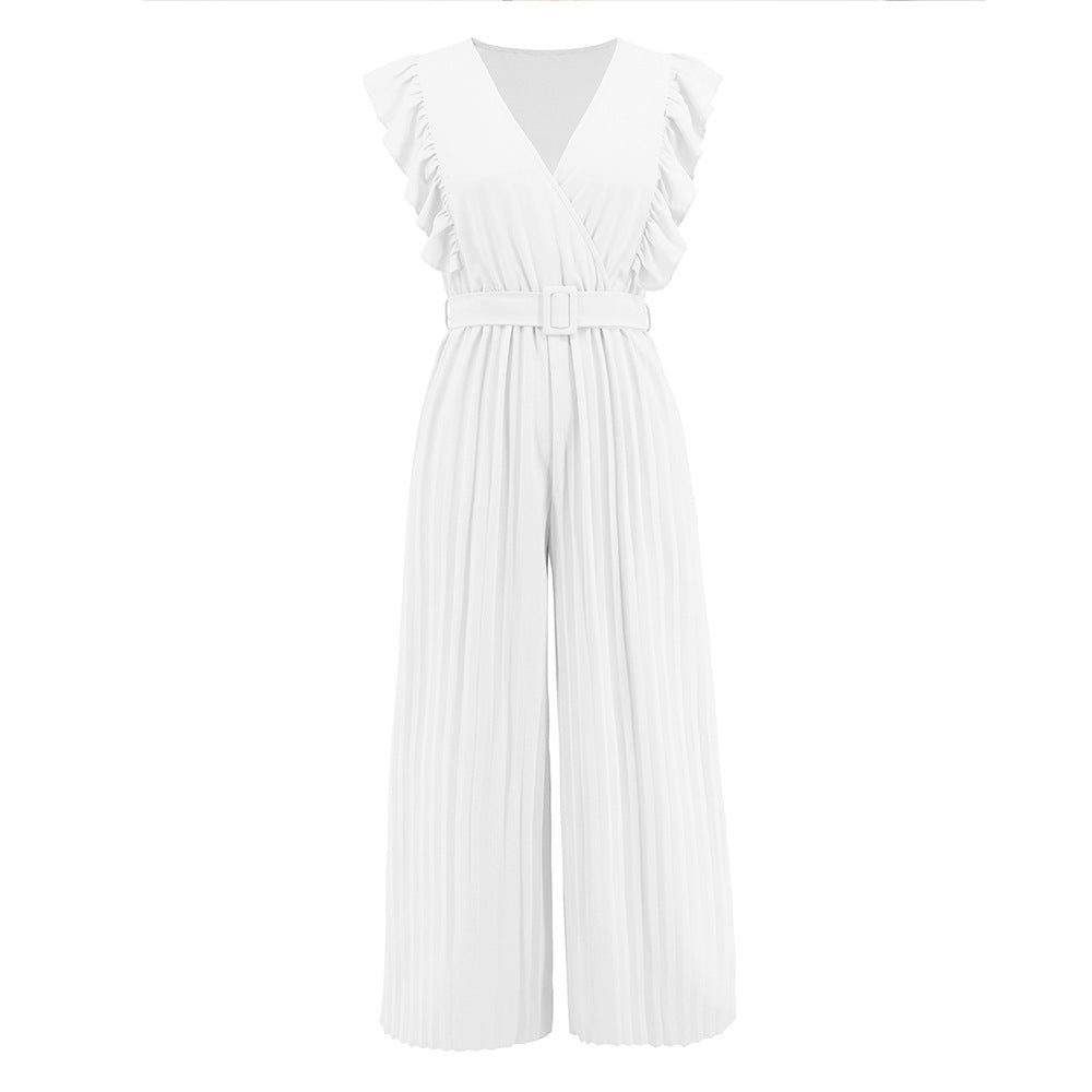 High Waist Ruffle Sleeveless V-neck Pleated Wide Leg Jumpsuit