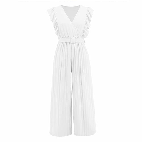 High Waist Ruffle Sleeveless V-neck Pleated Wide Leg Jumpsuit