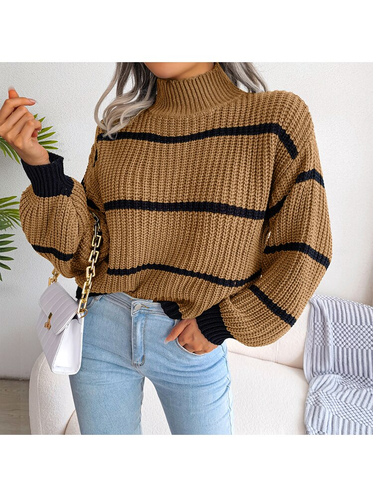 Vintage Striped Sweater Long Sleeve Casual Knitted Pullover Jumper