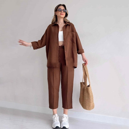 Solid Turn-down Collar Cardigan with Drawstring Pants Set