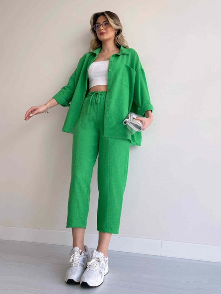 Solid Turn-down Collar Cardigan with Drawstring Pants Set