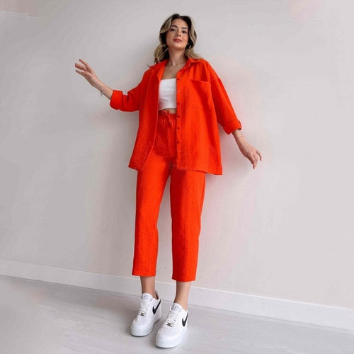 Solid Turn-down Collar Cardigan with Drawstring Pants Set