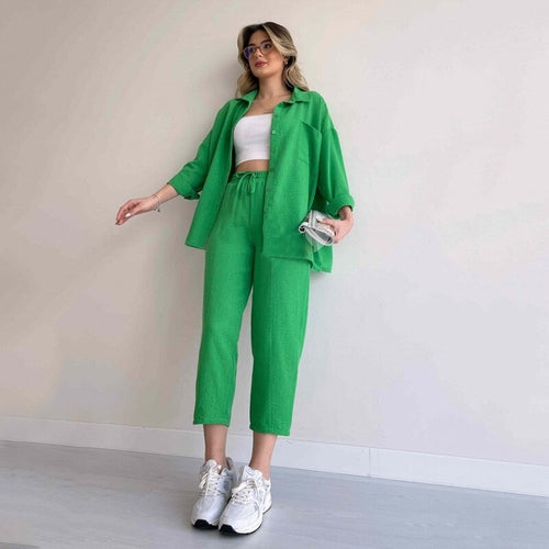 Solid Turn-down Collar Cardigan with Drawstring Pants Set