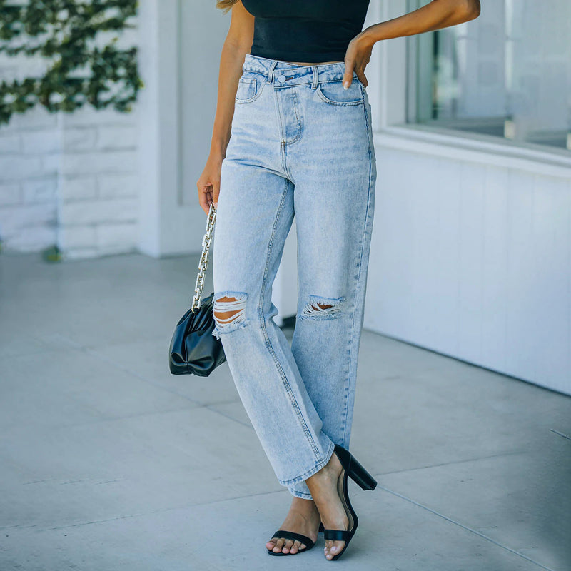 High Waist Casual Vintage Ripped Wide Leg Jeans