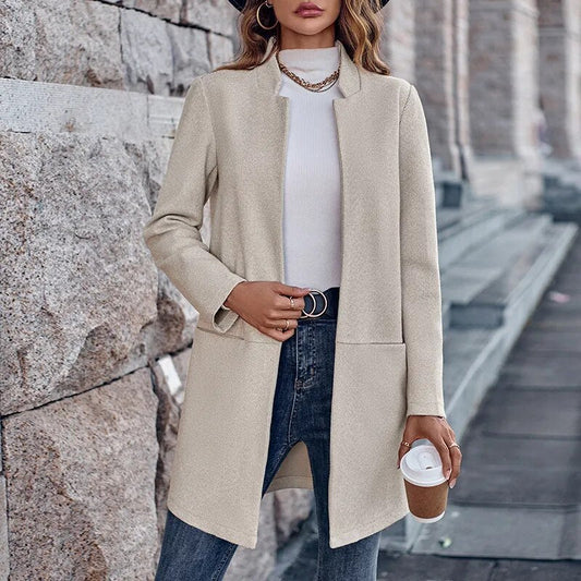 Women's Stand Collar Solid Color Mid-Length Casual Coat