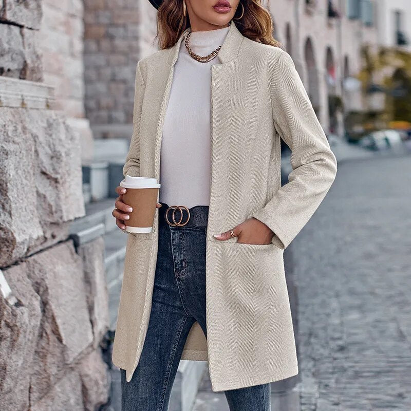 Women's Stand Collar Solid Color Mid-Length Casual Coat