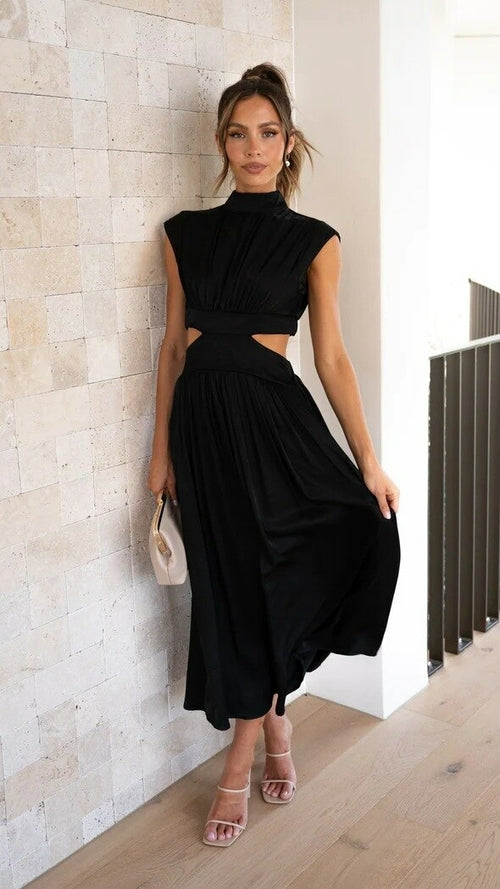 Grace Stand Collar Waist Cut-Out Dress