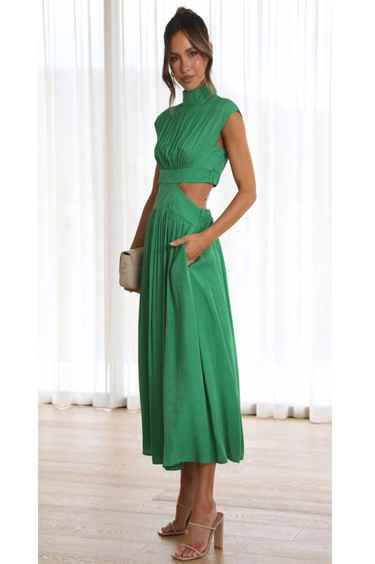 Grace Stand Collar Waist Cut-Out Dress