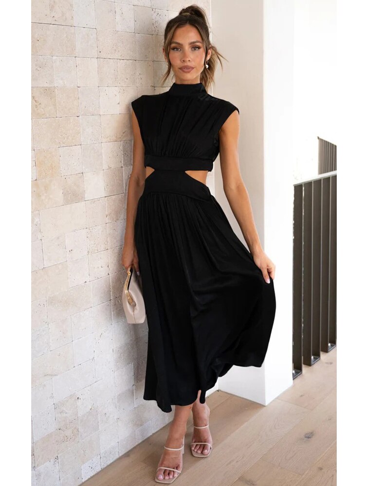 Grace Stand Collar Waist Cut-Out Dress