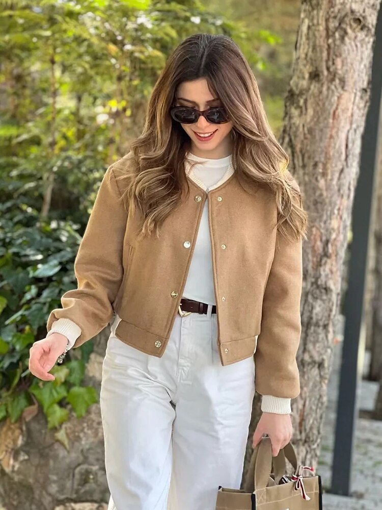 Women's Bomber Jacket Camel Single Breasted Short Coat