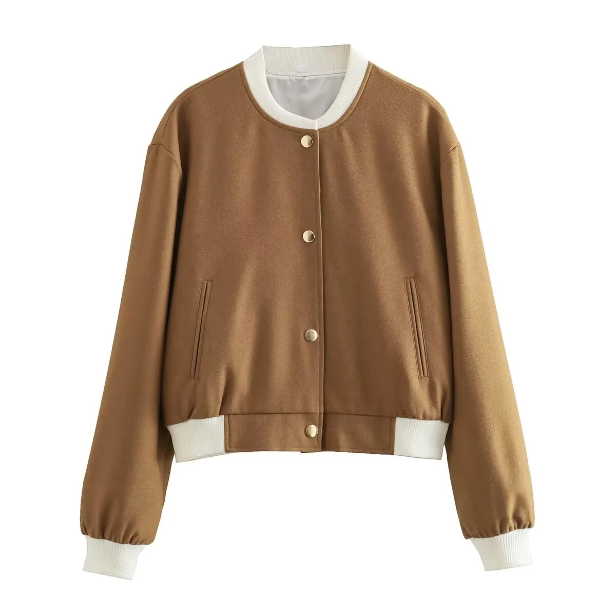 Women's Bomber Jacket Camel Single Breasted Short Coat