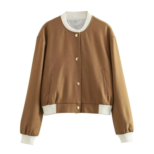 Women's Bomber Jacket Camel Single Breasted Short Coat