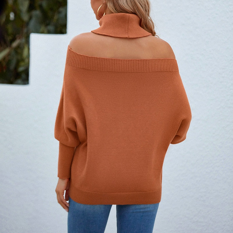 Lapel Knitted Off Shoulder Sweater Women Pullover