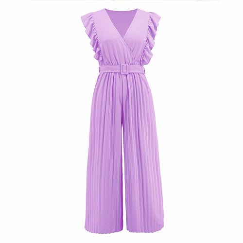 High Waist Ruffle Sleeveless V-neck Pleated Wide Leg Jumpsuit