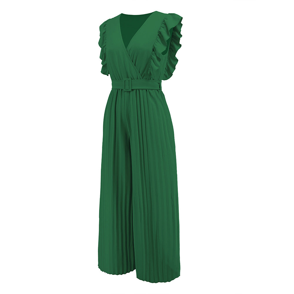 High Waist Ruffle Sleeveless V-neck Pleated Wide Leg Jumpsuit