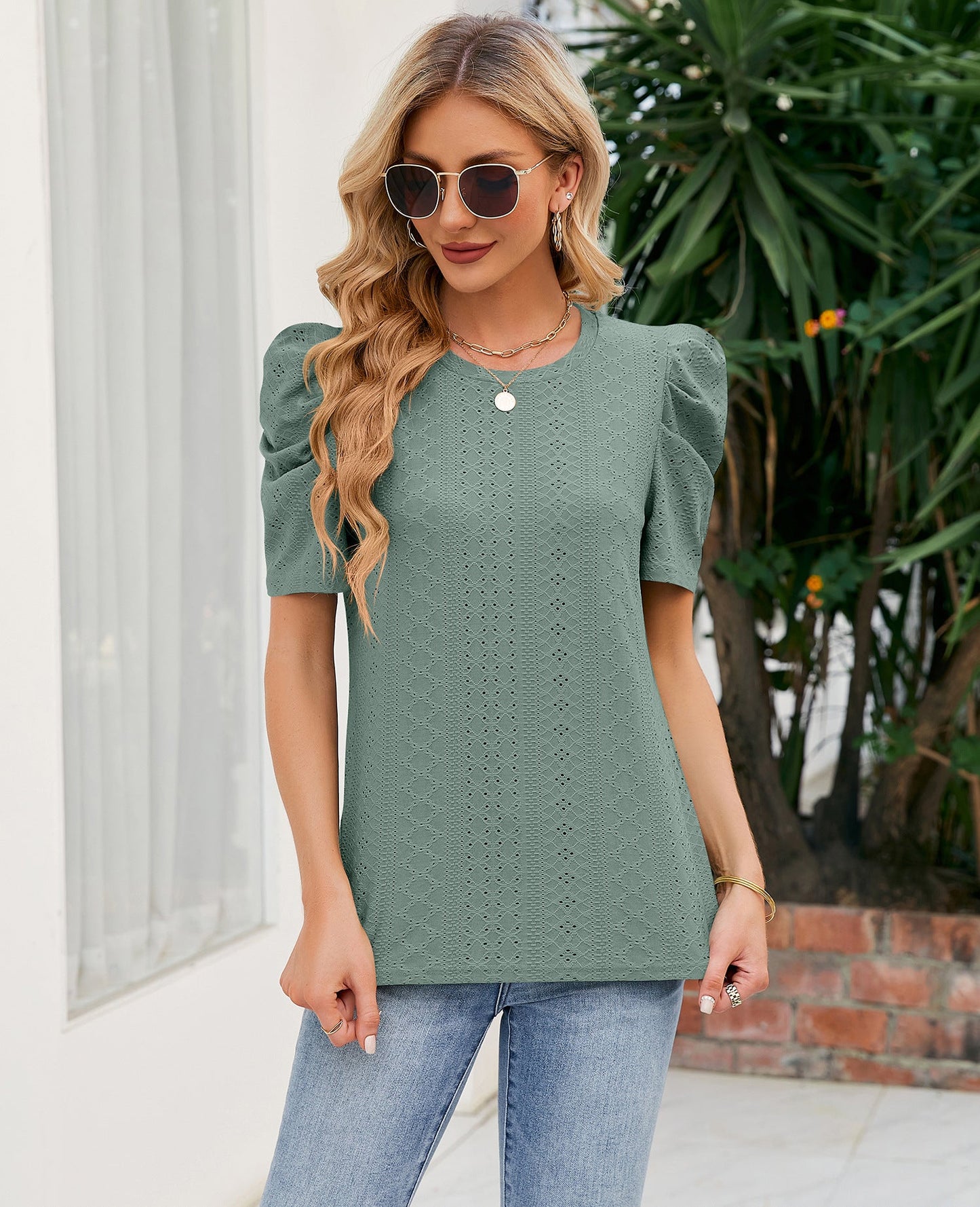 Clara Crew Neck with Soft Pleated Sleeves Top