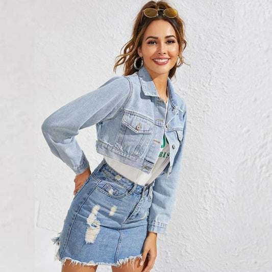 Turn-down Collar Women Denim Jacket Caot