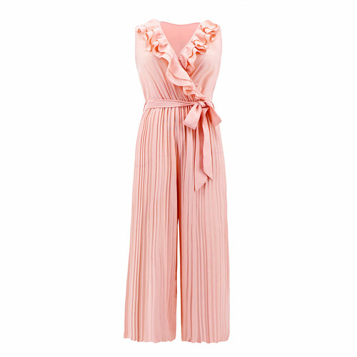 V-neck Ruffle Pleated Jumpsuit