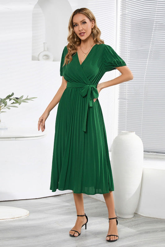 Gabrielle's Graceful V-neck Pleated Dress with Puff Sleeves