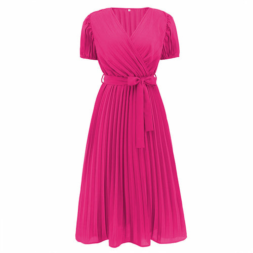 Gabrielle's Graceful V-neck Pleated Dress with Puff Sleeves