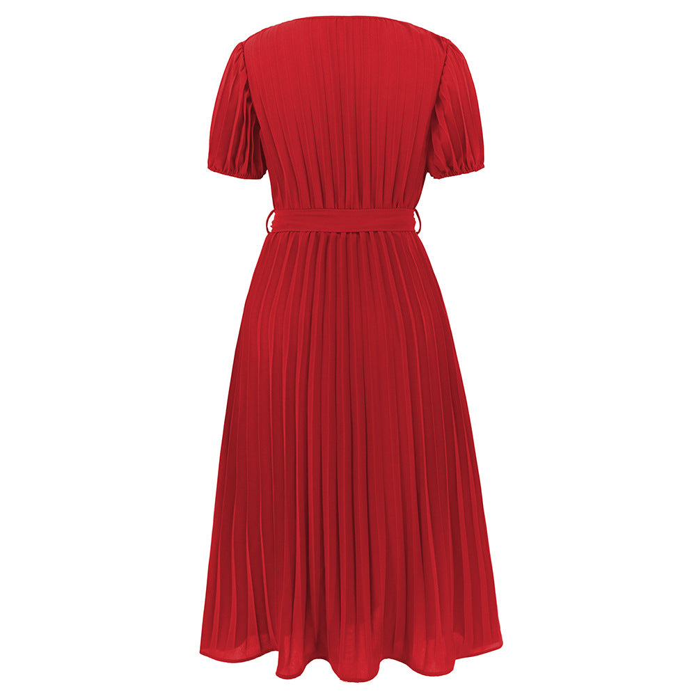 Gabrielle's Graceful V-neck Pleated Dress with Puff Sleeves