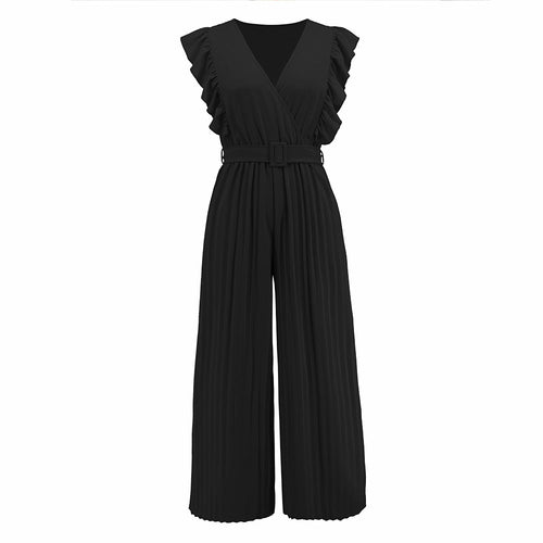 High Waist Ruffle Sleeveless V-neck Pleated Wide Leg Jumpsuit