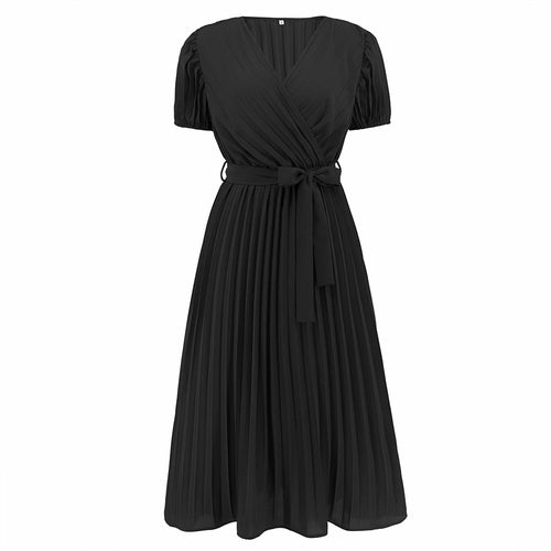 Gabrielle's Graceful V-neck Pleated Dress with Puff Sleeves