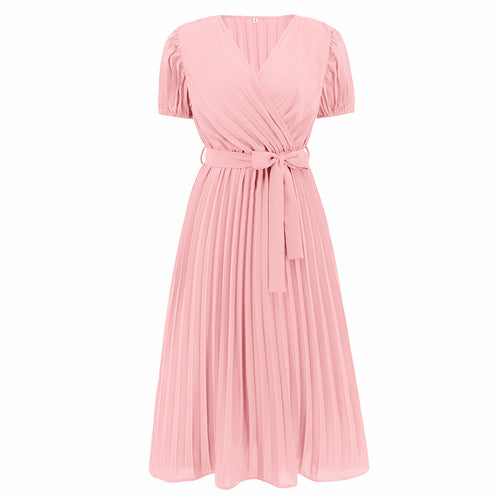 Gabrielle's Graceful V-neck Pleated Dress with Puff Sleeves