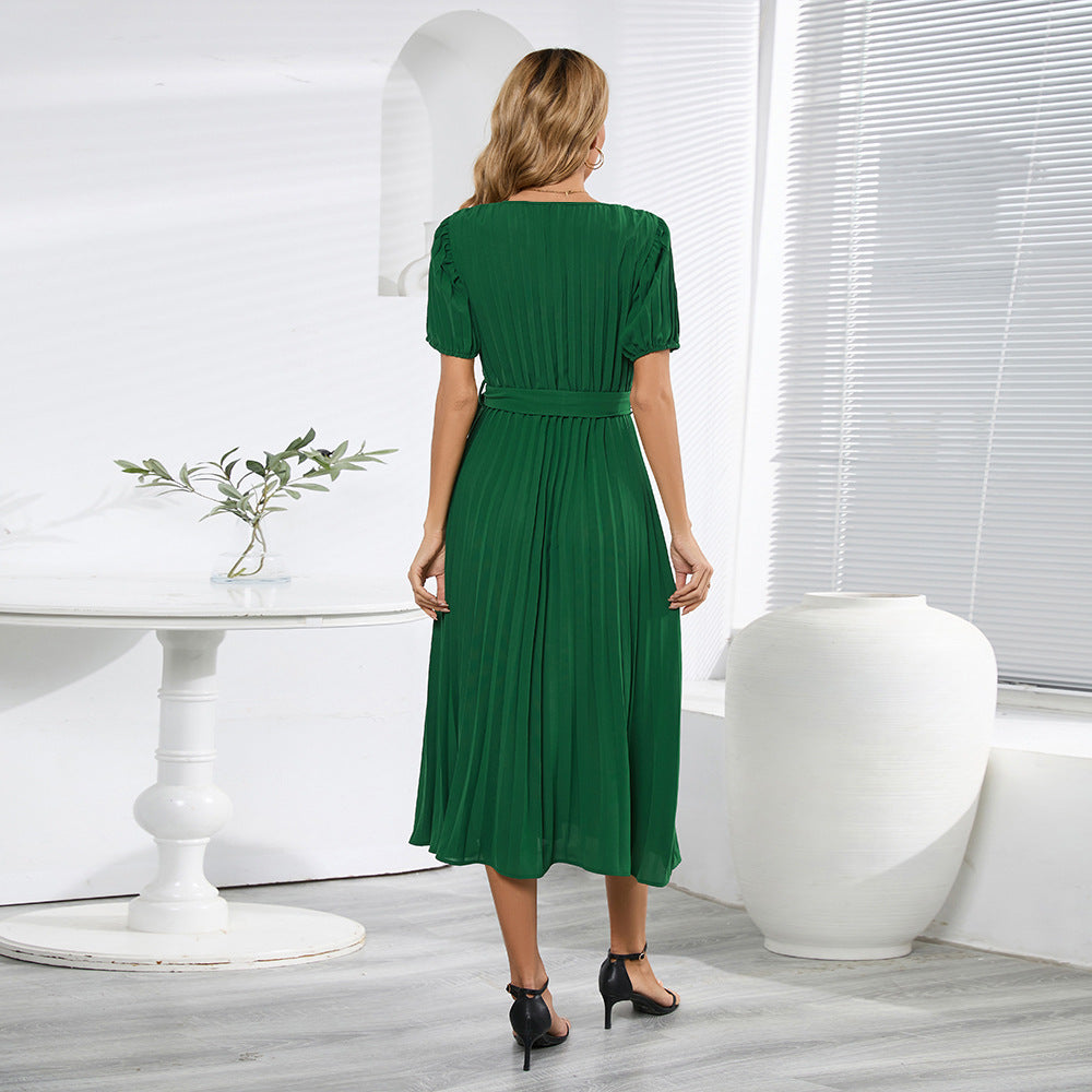 Gabrielle's Graceful V-neck Pleated Dress with Puff Sleeves