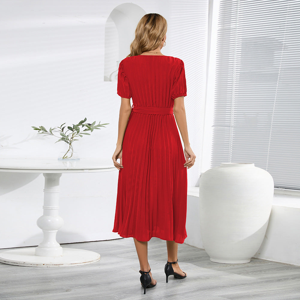 Gabrielle's Graceful V-neck Pleated Dress with Puff Sleeves