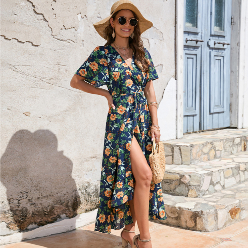 Clara Wrap-Style Floral Dress With Ruffles