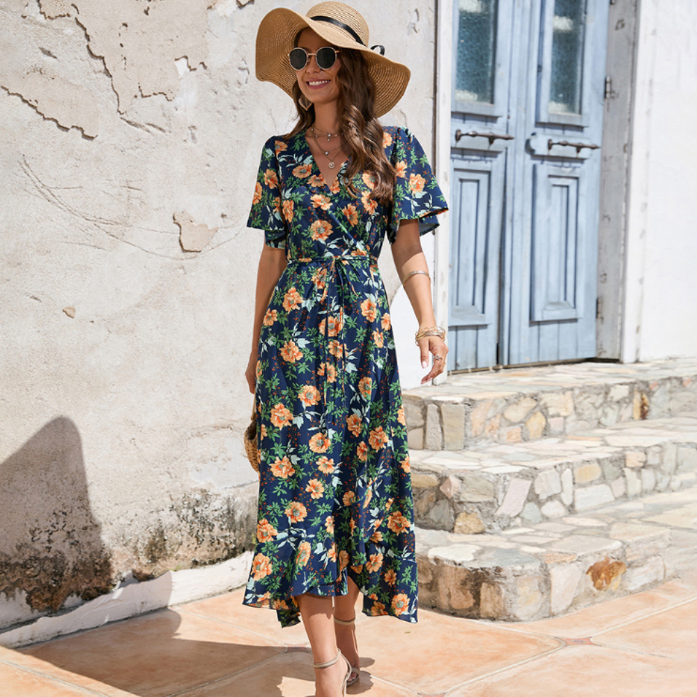 Clara Wrap-Style Floral Dress With Ruffles