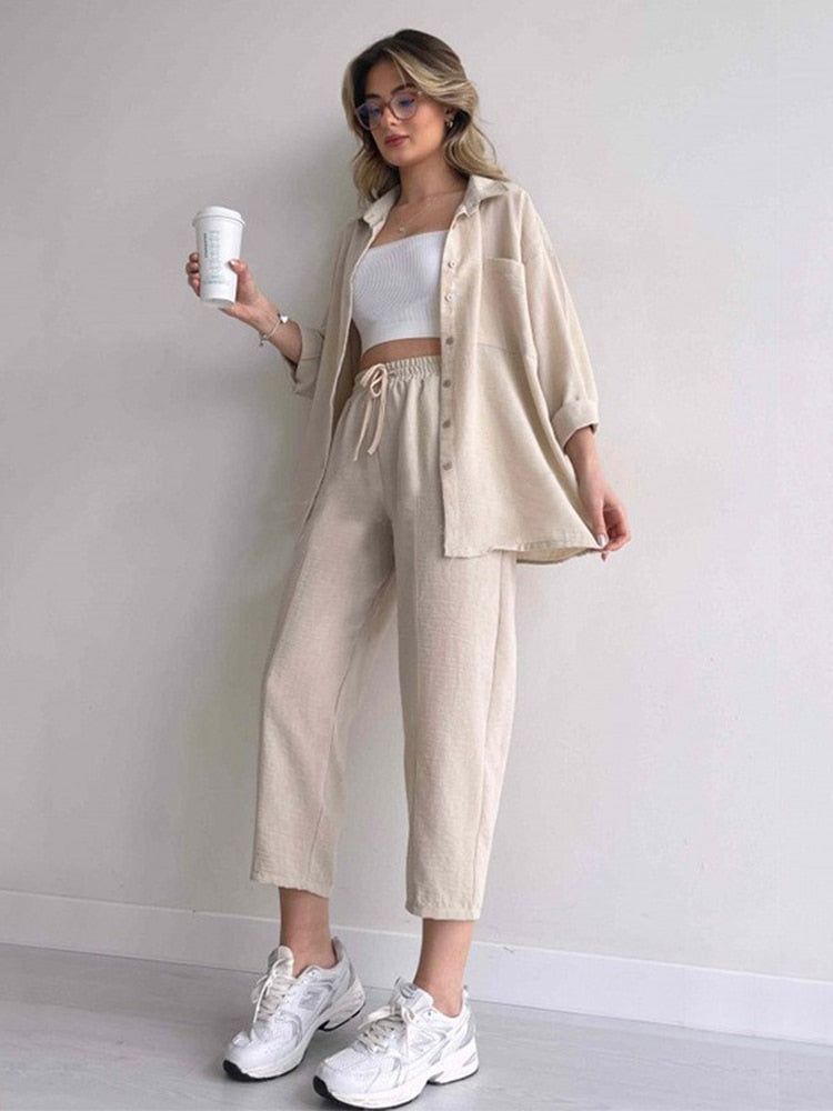 Solid Turn-down Collar Cardigan with Drawstring Pants Set