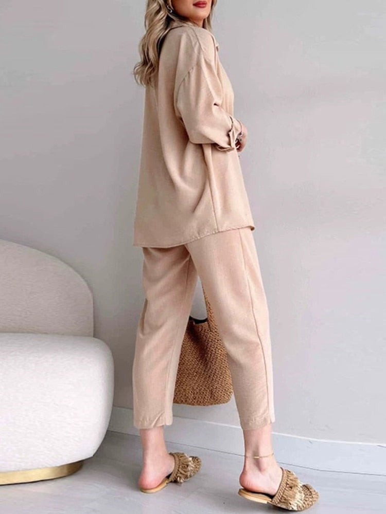 Solid Turn-down Collar Cardigan with Drawstring Pants Set