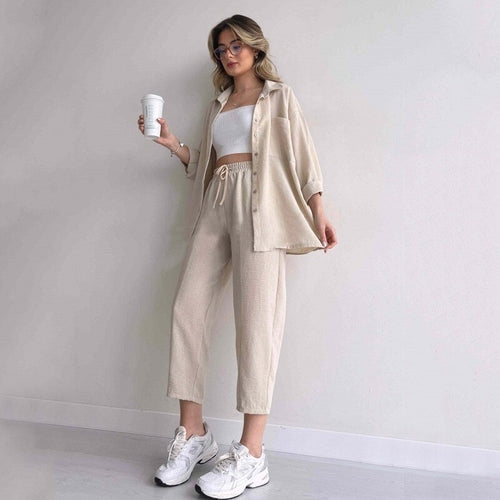 Solid Turn-down Collar Cardigan with Drawstring Pants Set