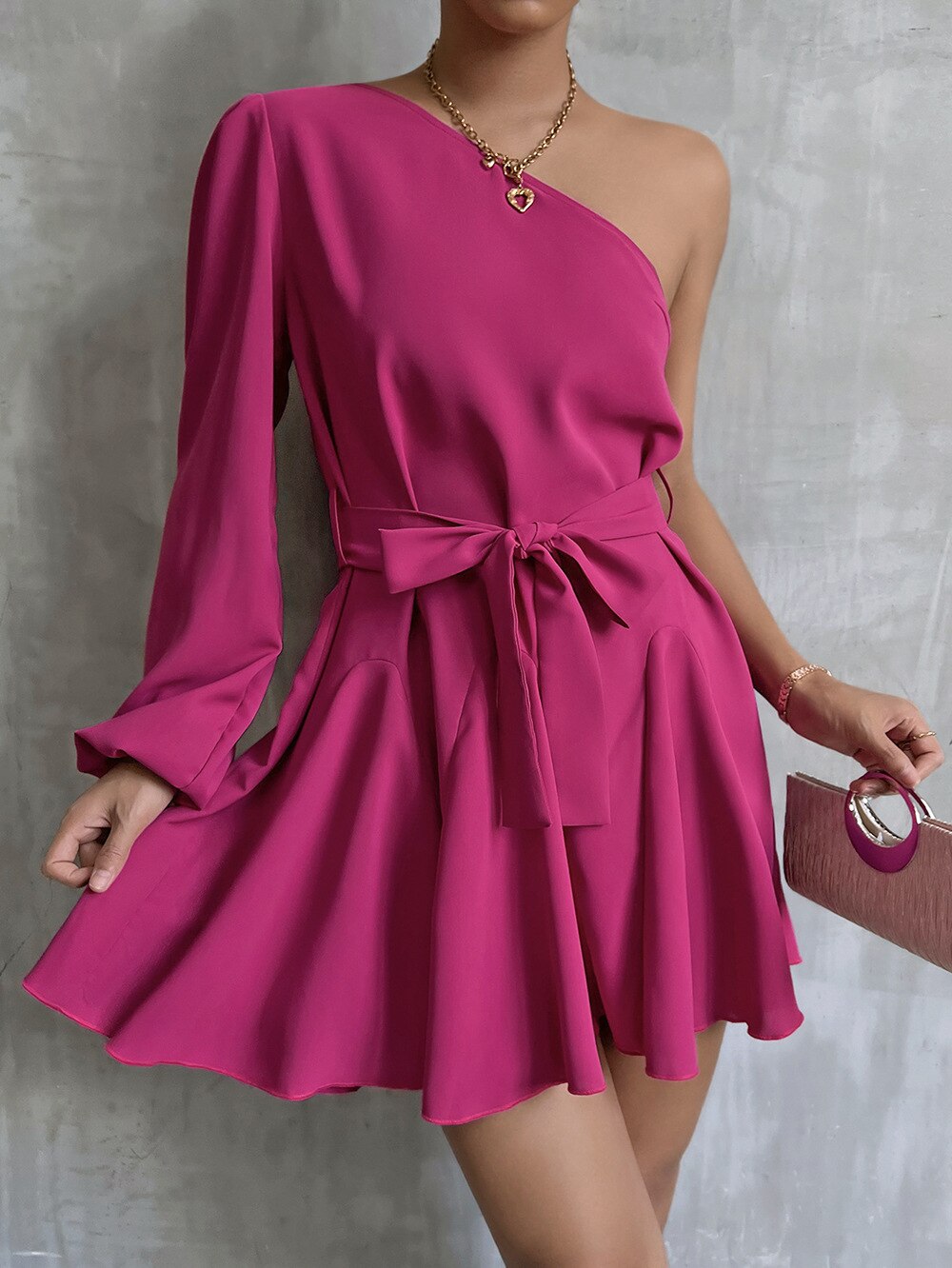 Diagonal Collar Long Sleeve Dresses