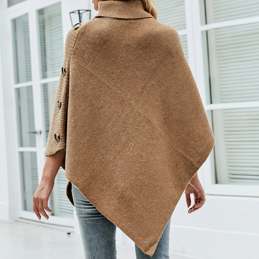 Graceful Turtleneck Poncho with Side Button Accents