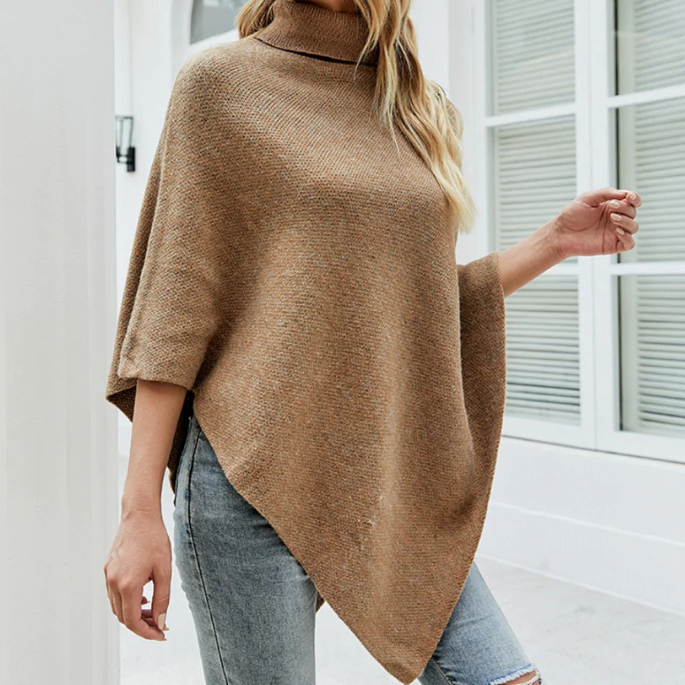 Graceful Turtleneck Poncho with Side Button Accents